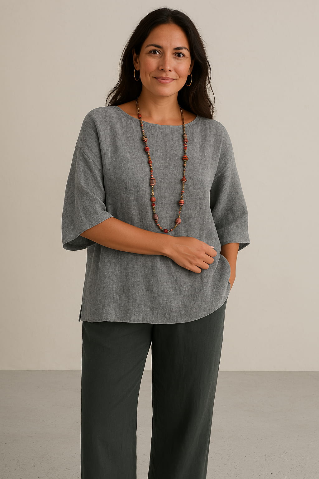 Luxe Linen Blouse for Women with 3/4 Sleeves – Breathable Casual Top for Spring & Summer-2