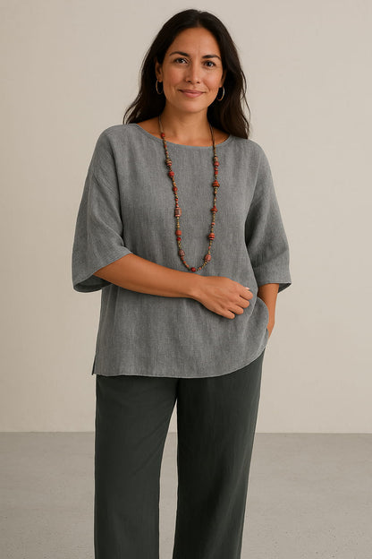 Luxe Linen Blouse for Women with 3/4 Sleeves – Breathable Casual Top for Spring & Summer-2