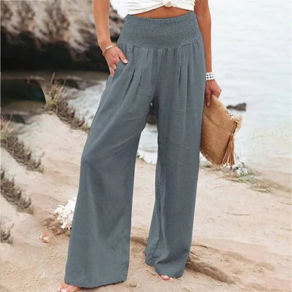 Variant image for Elegant White Linen Wide-Leg Pants for Women – High Waist, Elastic Waistband, Lightweight Summer Style-7