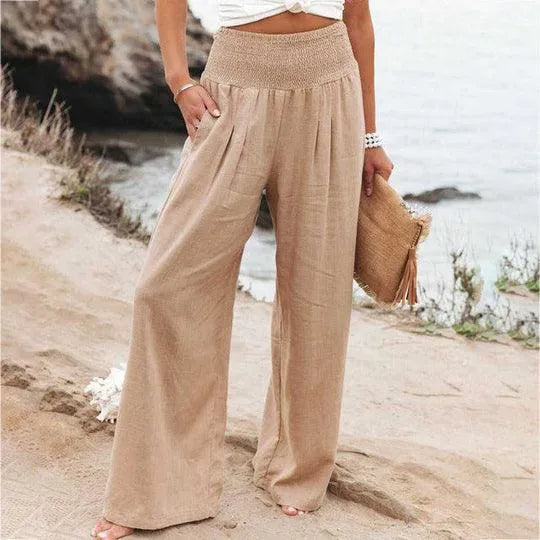 Variant image for Elegant White Linen Wide-Leg Pants for Women – High Waist, Elastic Waistband, Lightweight Summer Style-19