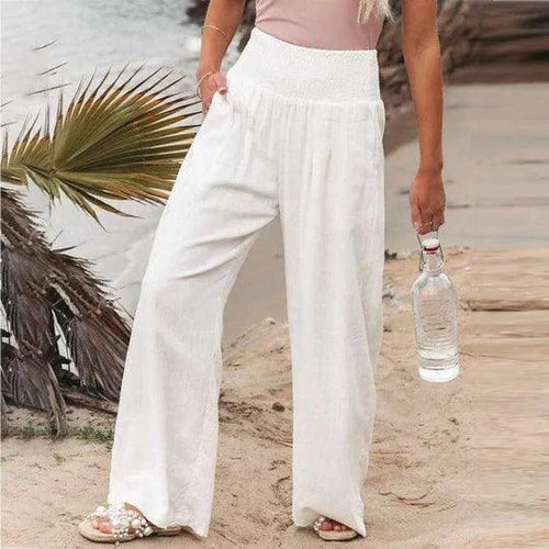 Elegant White Linen Wide-Leg Pants for Women – High Waist, Elastic Waistband, Lightweight Summer Style-1