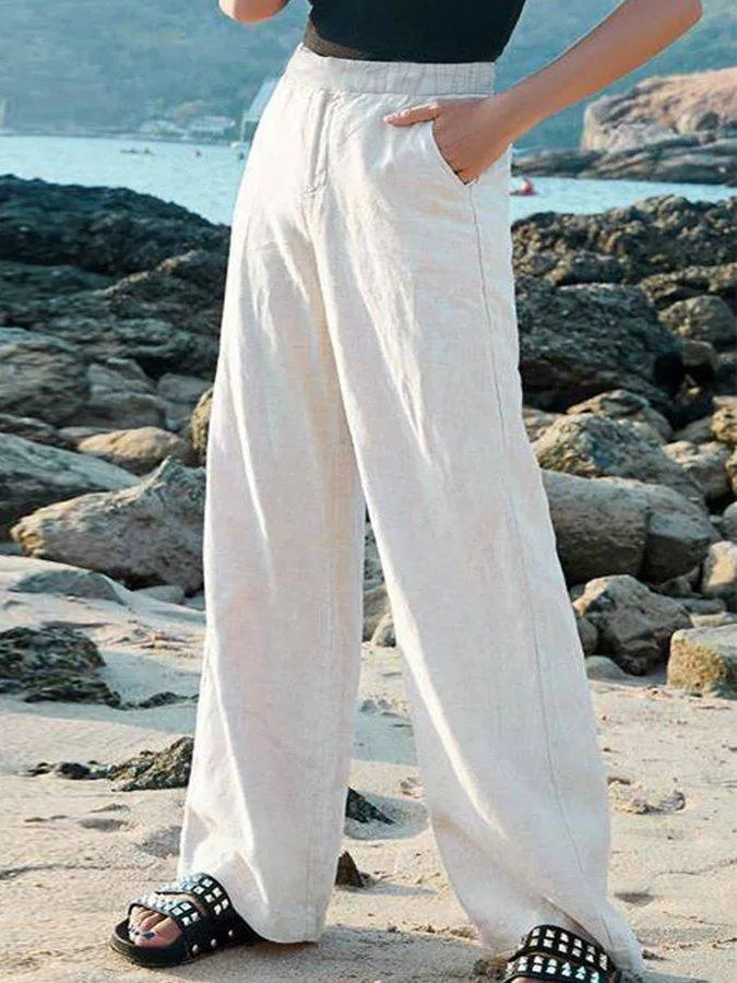 Elegant Wide-Leg Linen Pants for Women | Breathable White Linen, Elastic Waist, Casual Summer Style-2