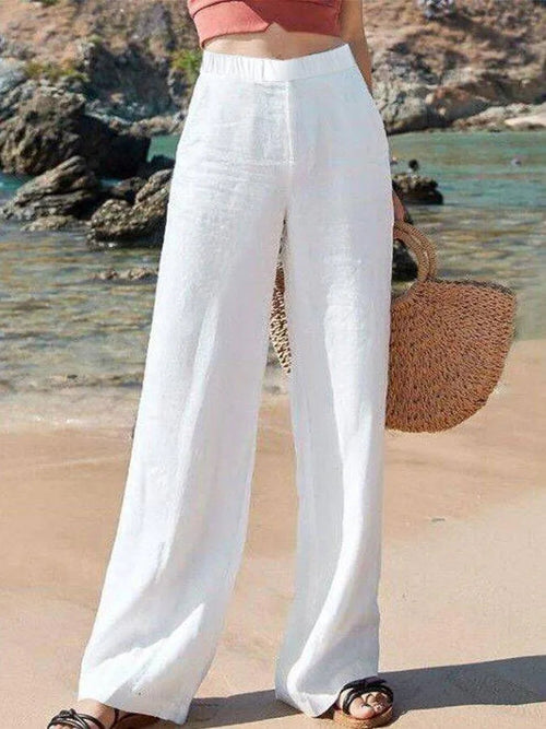 Elegant Wide-Leg Linen Pants for Women | Breathable White Linen, Elastic Waist, Casual Summer Style-1