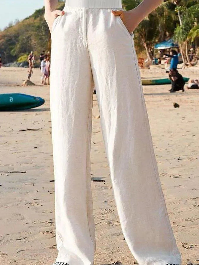 Elegant Wide-Leg Linen Pants for Women | Breathable White Linen, Elastic Waist, Casual Summer Style-4