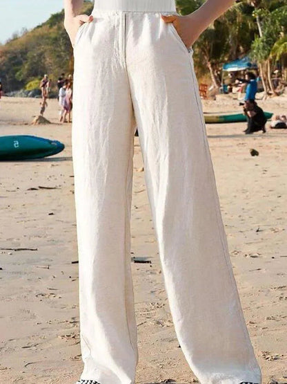 Elegant Wide-Leg Linen Pants for Women | Breathable White Linen, Elastic Waist, Casual Summer Style-4
